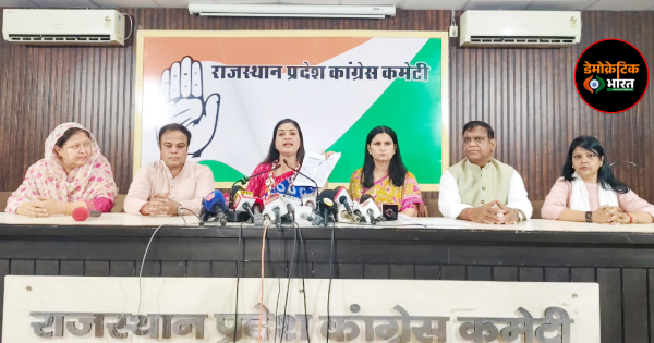 अखिल भारतीय महिला कांग्रेस अध्यक्ष अल्का लाम्बा प्रदेश कांग्रेस मुख्यालय में पत्रकारों को सम्बोधित करते हुए।